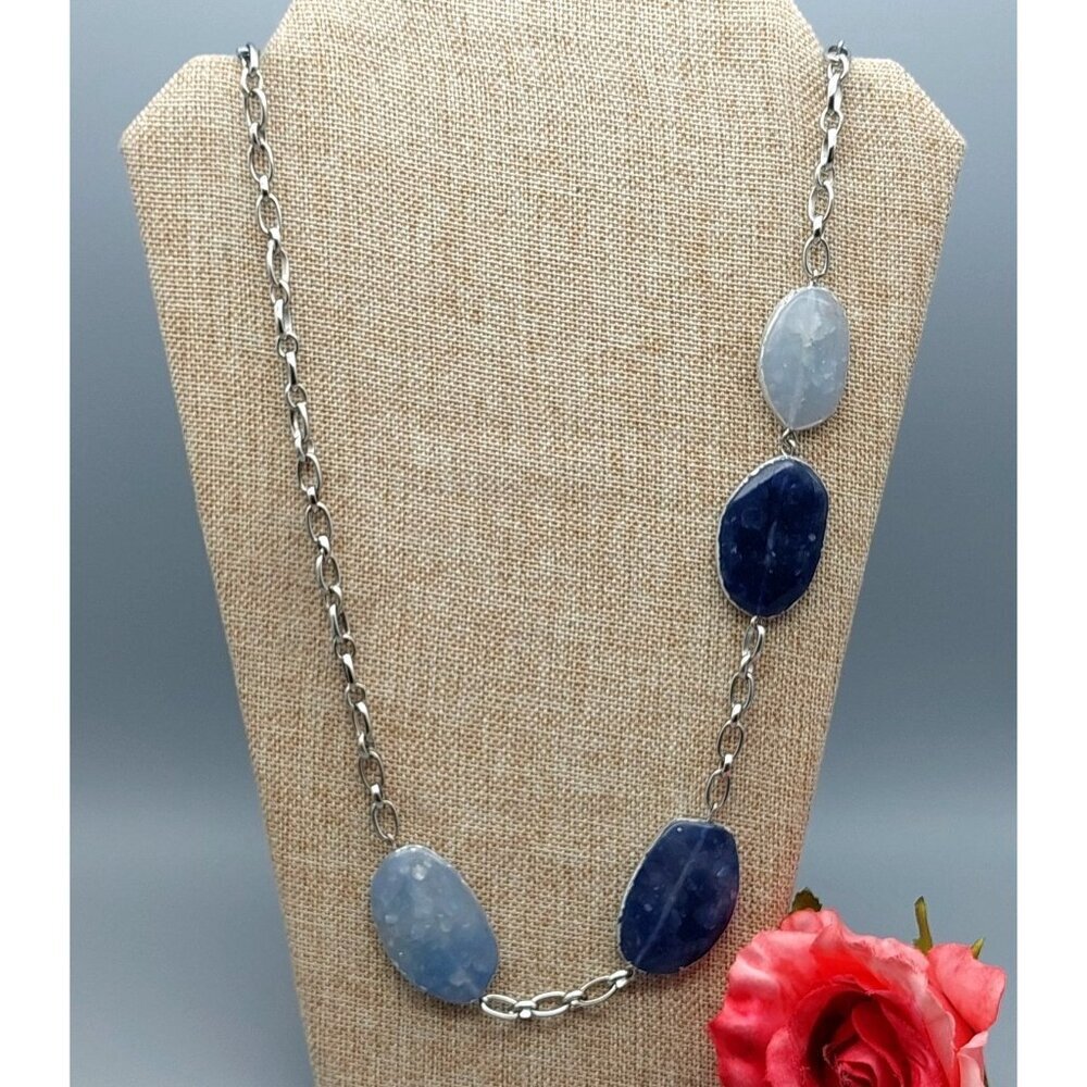 Chico's Silver Tone Long Chain Necklace with Blue Faux Stone Stations 42" Long